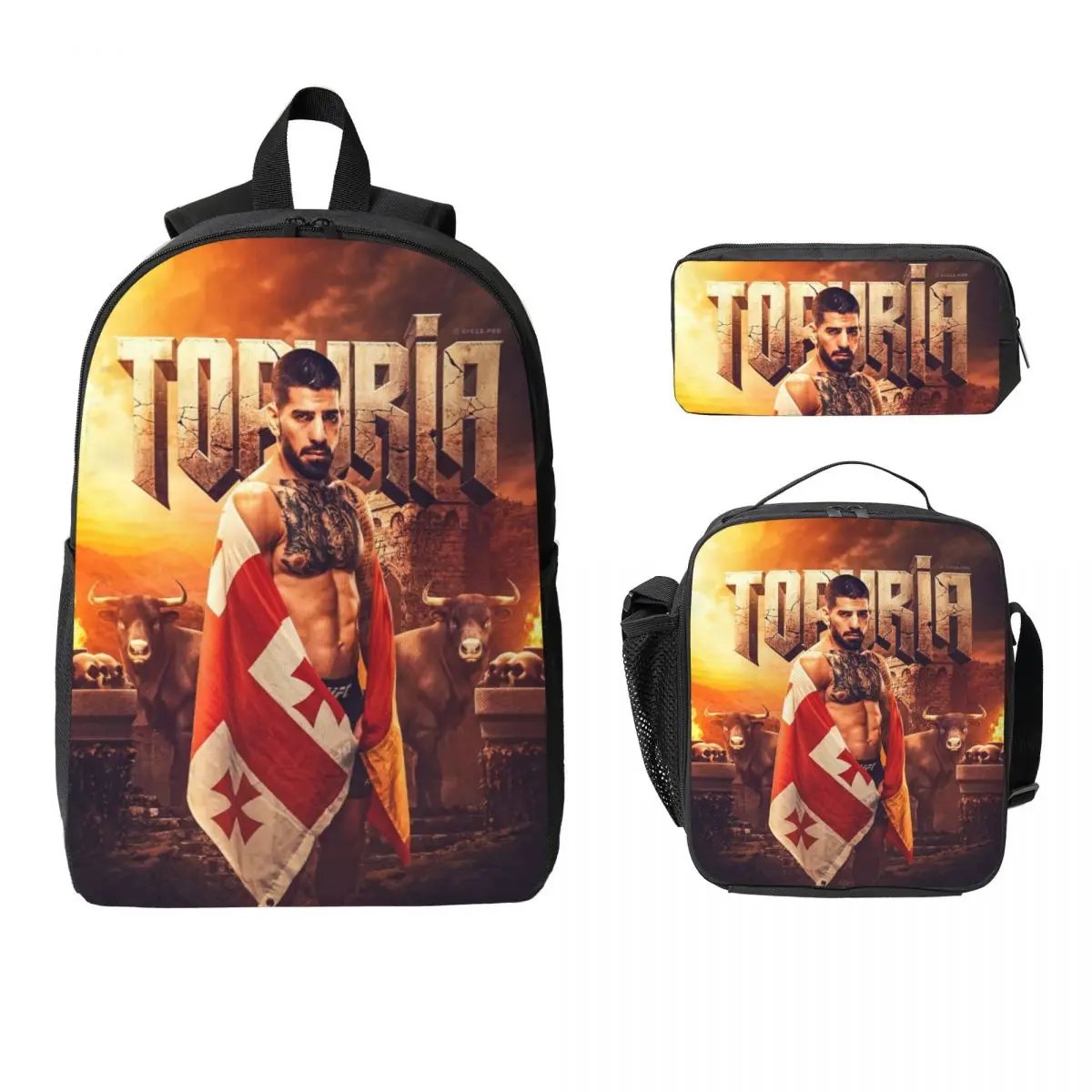 3Pcs Ilia Topuria Wrestling Wrestler Backpack Set for Boy Girl Pen Bags Bookbag Sets with Lunch Box For School Students Knapsack