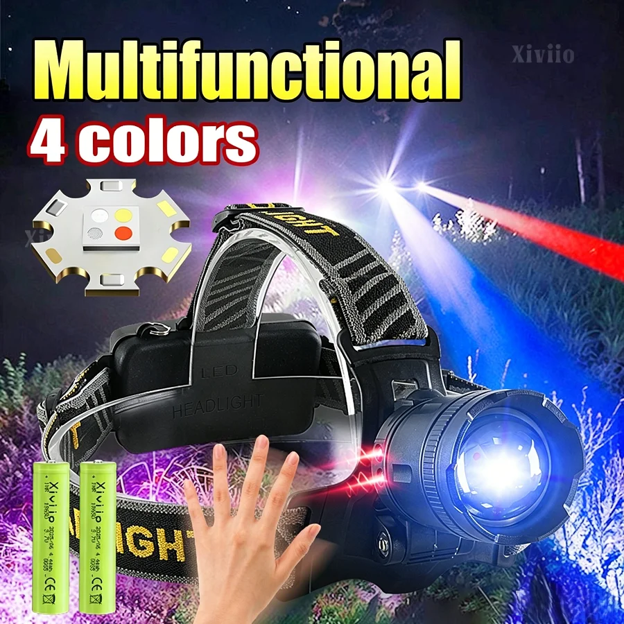 High Power Led Headlamp 18650 Rechargeable Headlight 4 Color Multifunctional Long Range 2km Camping Fishing Head Torch
