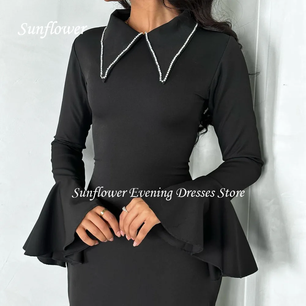 Sunflower Simple Black Crepe Mermaid Prom Gowns 2024 High Quality Slim Long Sleeve Knee-Length Formal Evening Dress