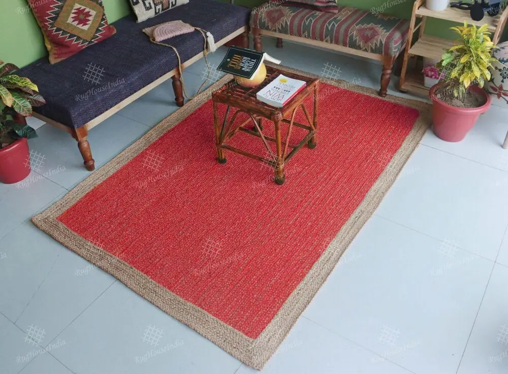 Red Handwoven Jute Area Rug with Beige Border Bohemian Rug Eco Friendly Rug Carpets for Living Room Bedroom Home Decor