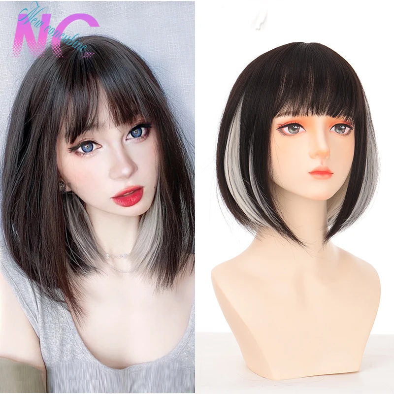 New Concubine Synthetic Bob Highlight Short Straight Hair Wig With Bangs Good Quality Synthetic Wigs Cosplay Element