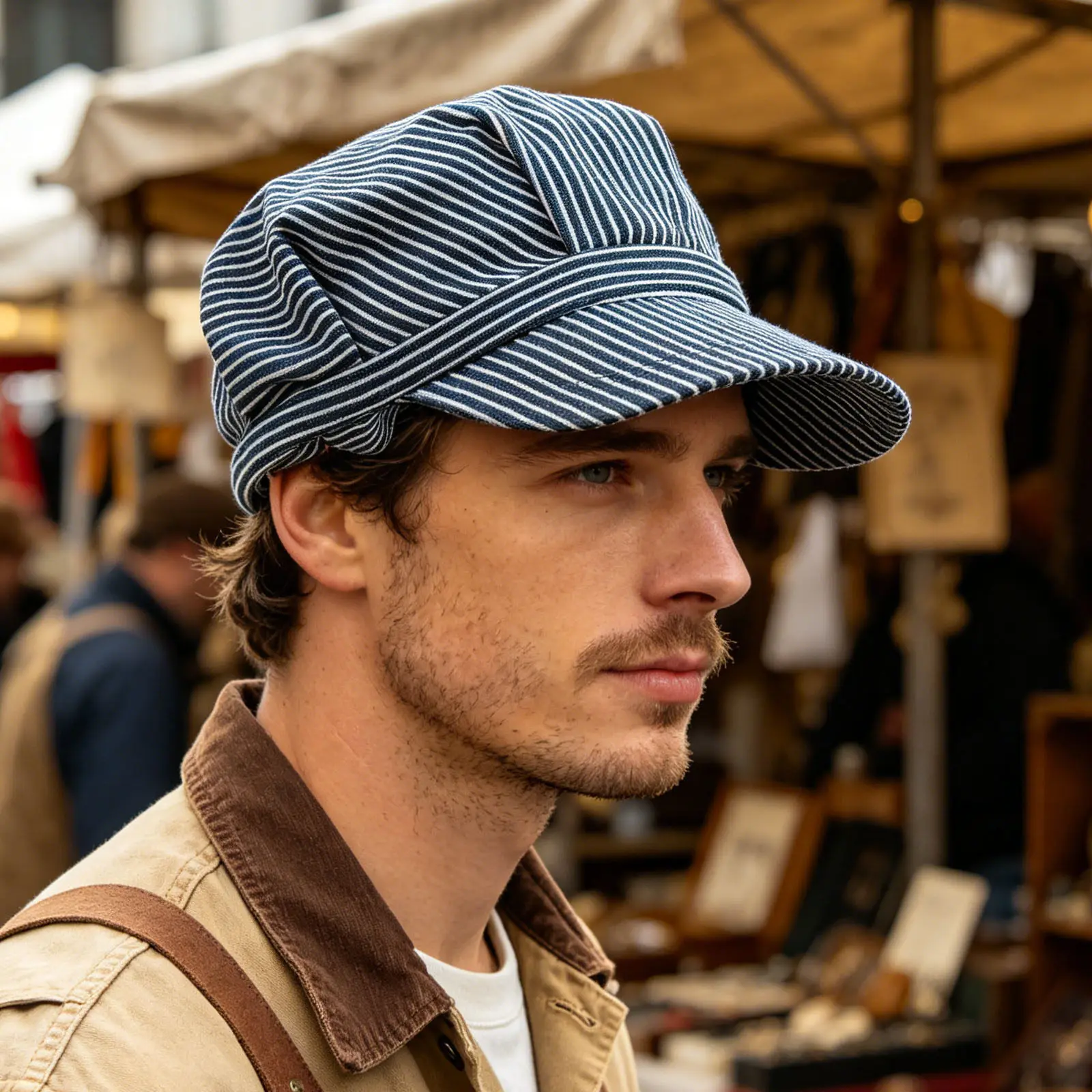 Gorra de conductor a rayas para adulto, ajustable, octogonal, para trabajador ferroviario, con ala estructurada resistente y forro transpirable, para disfraz de tren