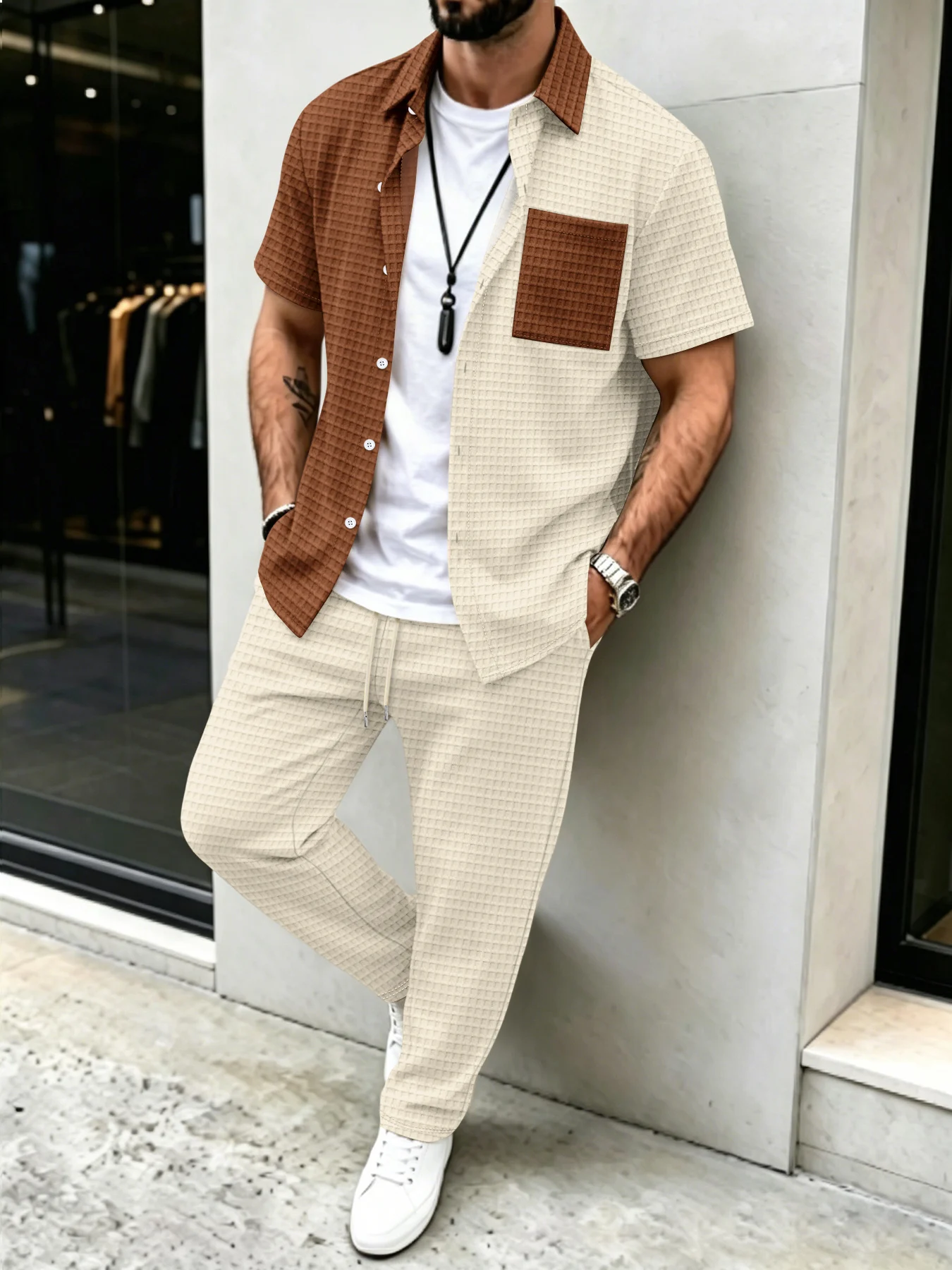 Men's Summer Color Block Patchwork Short Sleeve Shirt & Drawstring Long Pants Set for Daily Casual and Outdoor Travel Outfits - view 6