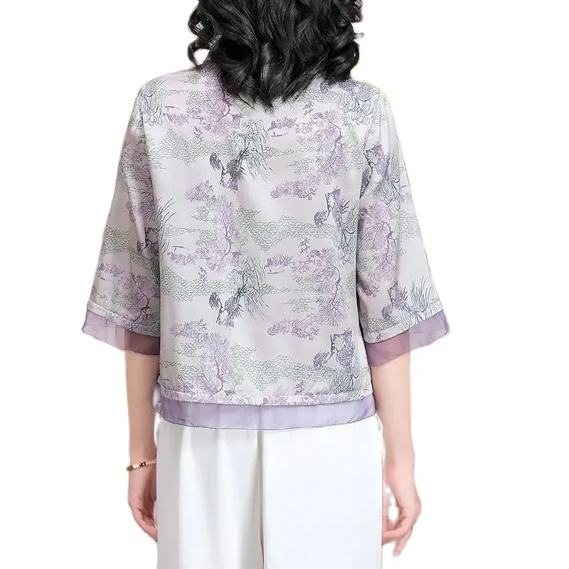 BirdTree-chemise élégante pour femmes, blouse 92% authentique à manches mi-longues imprimée, blouse de caractère chinois rétro, T456SpringQC, collection été 2024