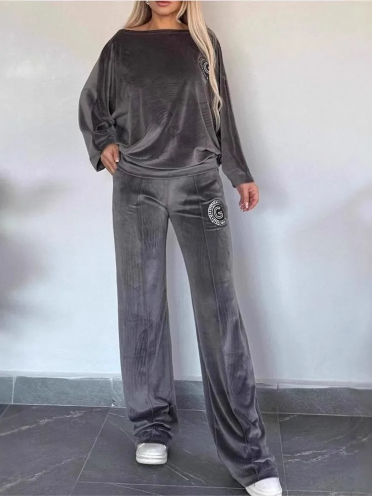 

Casual Solid Sets Outfits Lady Fashion Long Sleeve O Neck Pullover Tops+Long Pants 2 Pieces Set For Woman Autumn Winter Clothes