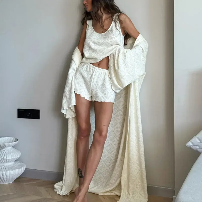 2026 Women's European and American Knitted Jacquard Three-Piece Loungewear Set: Hollow Fungus Edge Pajamas, Bathrobe, and Shorts
