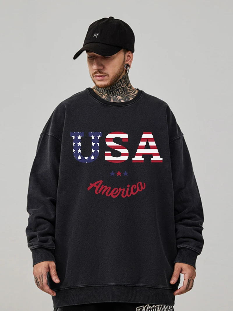 Oversize Woman Washed Sweatshirt Usa America Flag Letter Printed Hoodie Autumn Crewneck Cotton Pullover Couple Acid Wash Tops