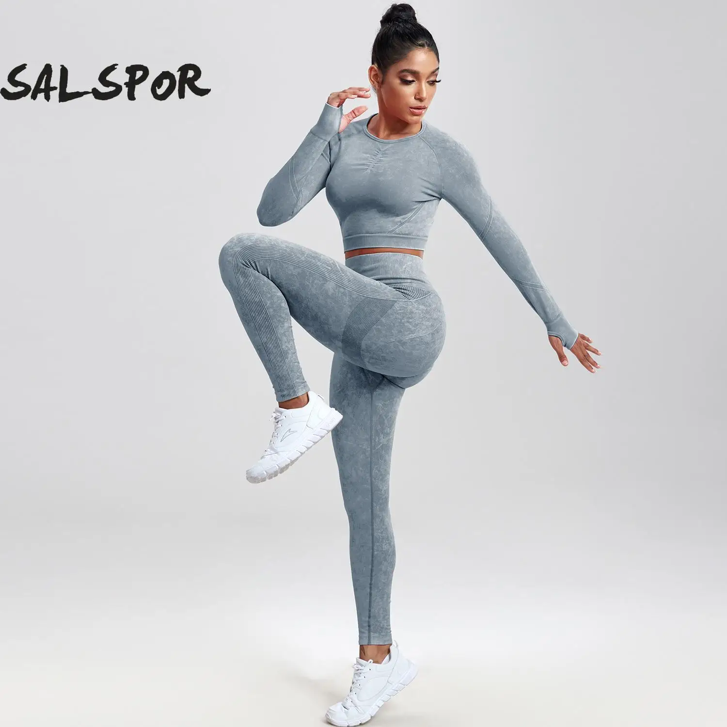 SALSPOR 2PCS Women Yoga Suit Wash Seamless Sport Set Long Sleeve Fitness Shirt with Butt Lift Workout Legging Elastic Gym Wear