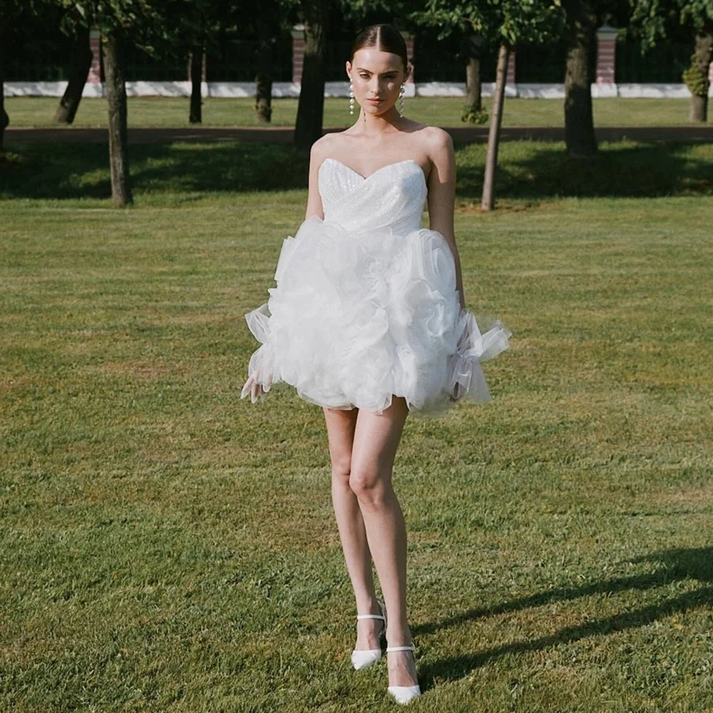 

Romantic Wedding Party Dresses Organza A-line Women's Wedding Dresses Mini White Sweetheart Tiered Pleat Civil Wedding Dress
