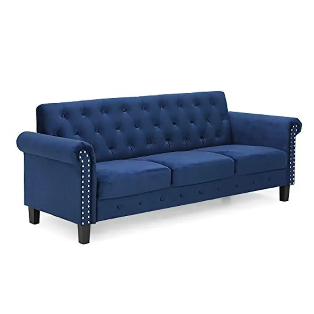 Navy Velvet 3-Seater Sofa with Button Tufted Design Vintage Modern Style Holds up to 700 lbs Fits Your Space & Budget Assembly