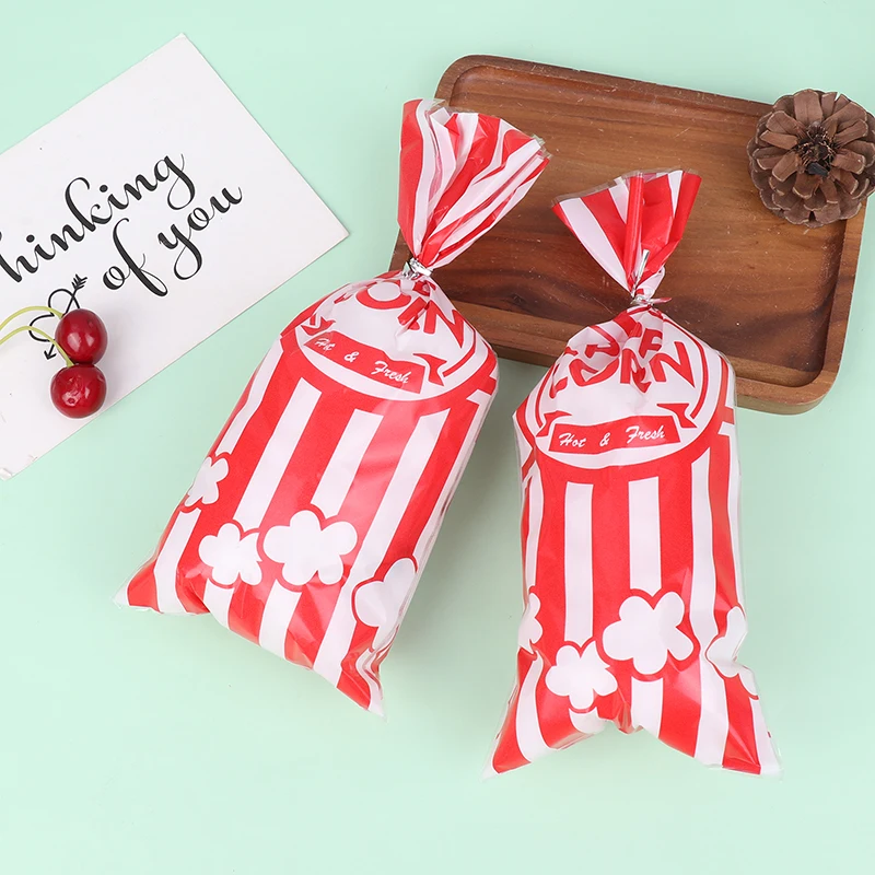 50Pcs Red Vertical Bar Popcorn Plastic Bag Snow Crisp Nougat Biscuit Bread Toast Bag Casual Baked Goods Bag For Birthday Party