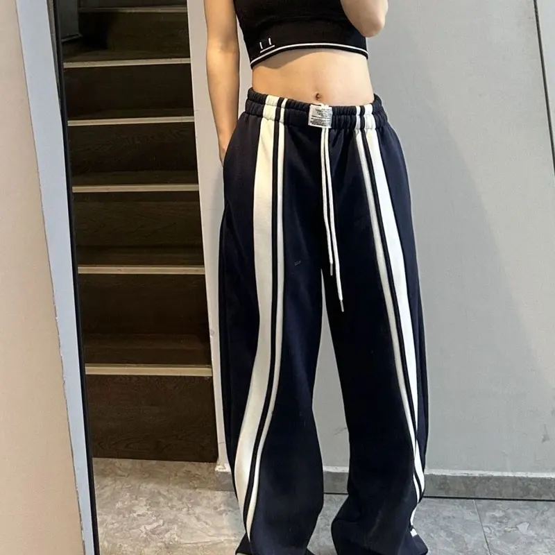 

Simplicity Solid Color Trend Fashion Loose Normcore Young Style Streetwear Women's Clothing Elastic Waist Lacing Wide Leg Pants