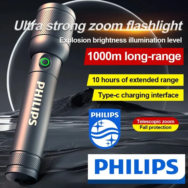 Philips 3200 Lumen LED Flashlight 1000m Portable Powerful Bright Flashlights Camping Lamp for Outdoor Hiking Self Defense