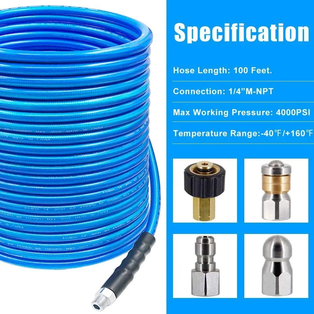 Sewer Jetter Kit for Pressure Washer Sewer Jetter Nozzles Kit 40M Drain Cleaner Hose 4000PSI 1/4 Inch Hose Rotating Sewer Nozzle