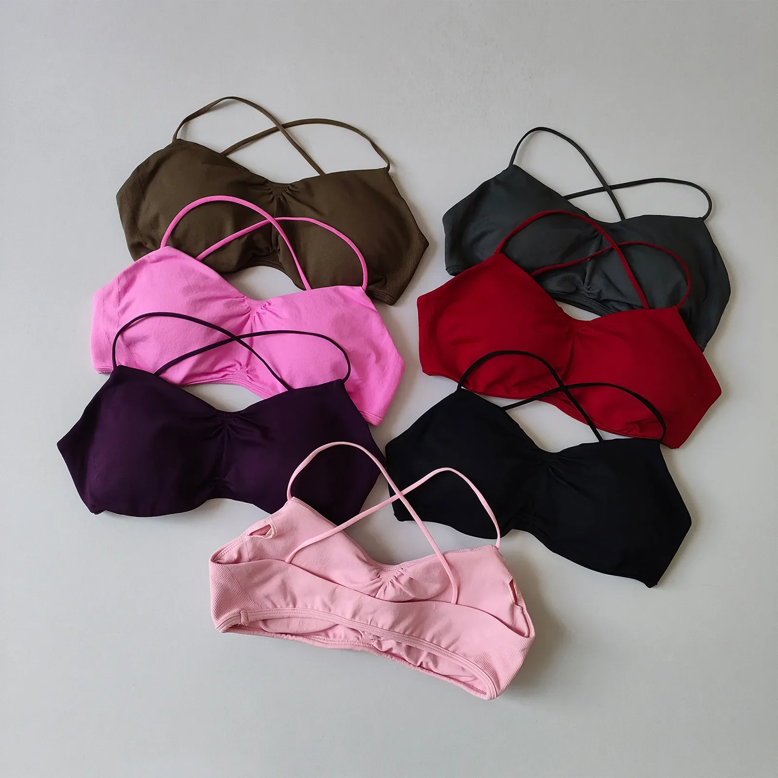 Seamless Sling Bra for Women Thin Shoulder Cross Strap Sports Yoga Fitness Wear with Chest Pad Pilates Training Underwear