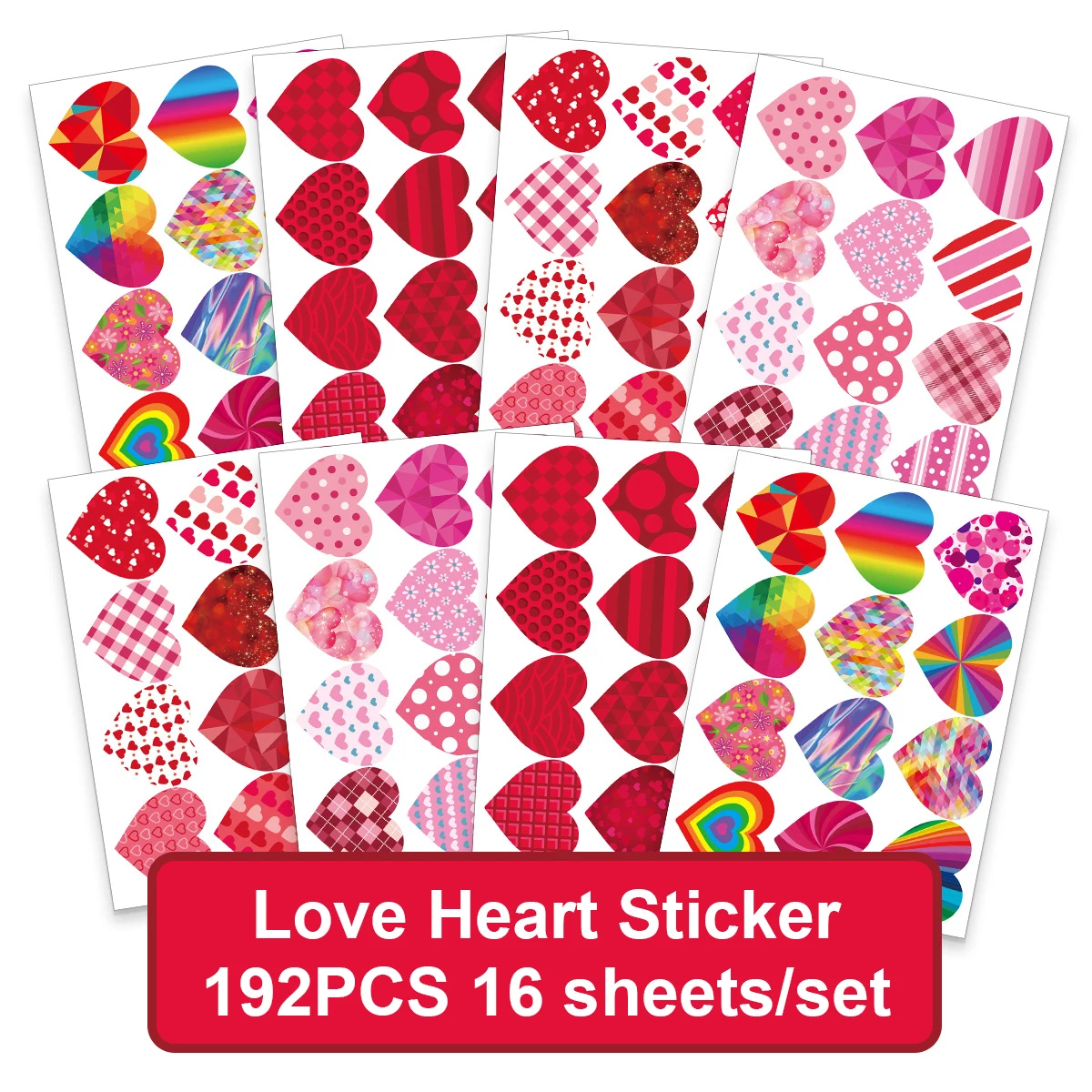 192PCS 16Sheets Love Heart Stickers Wedding Party Valentines Day Gift Box Bag Decoration Envelope Card Scrapbooking Seal Labels