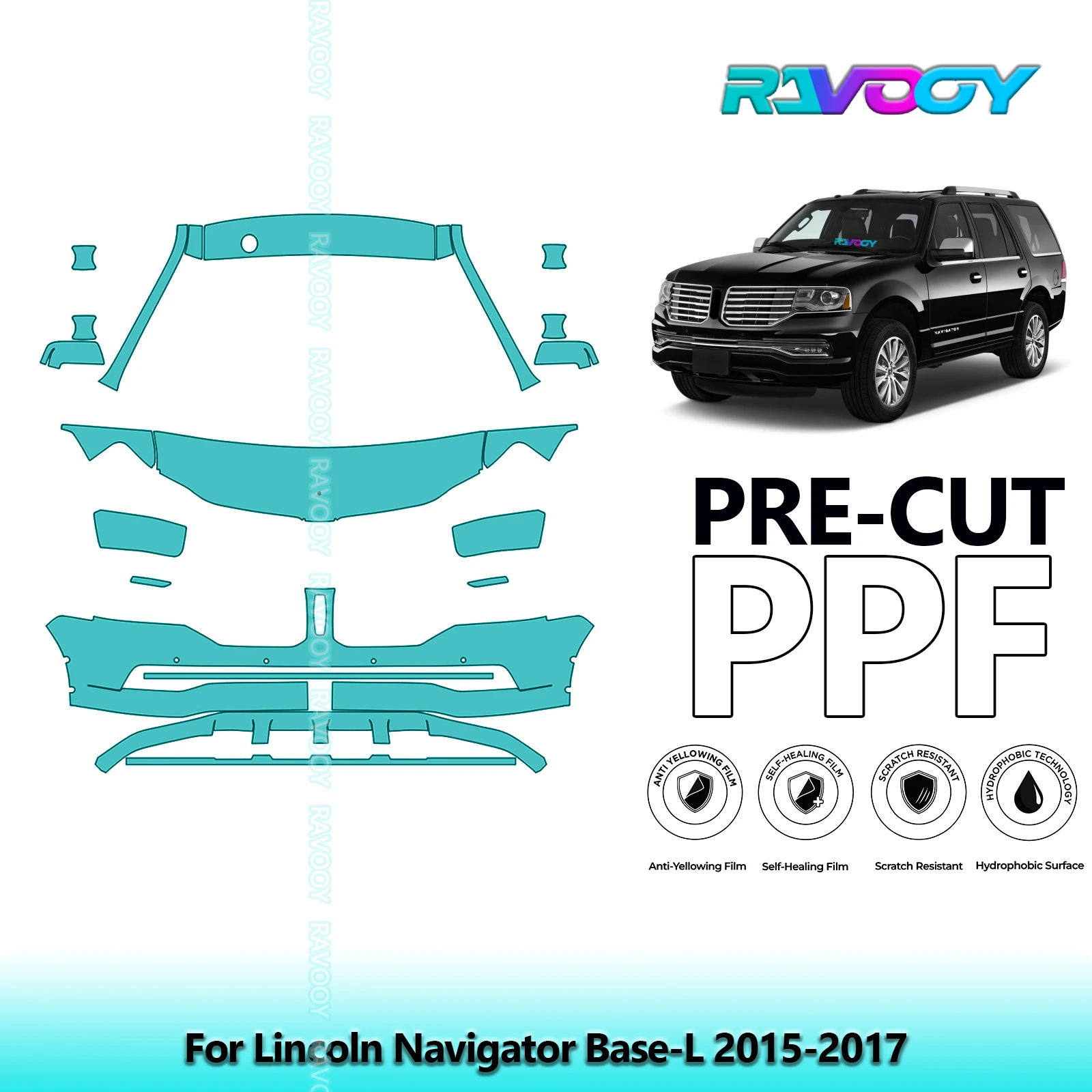 For Lincoln Navigator Base-L 2015-2017 Partial Front 8.5Mil Pre-Cut Paint Protection Film PPF Stone Chip Kit | Clear/Matte/Black