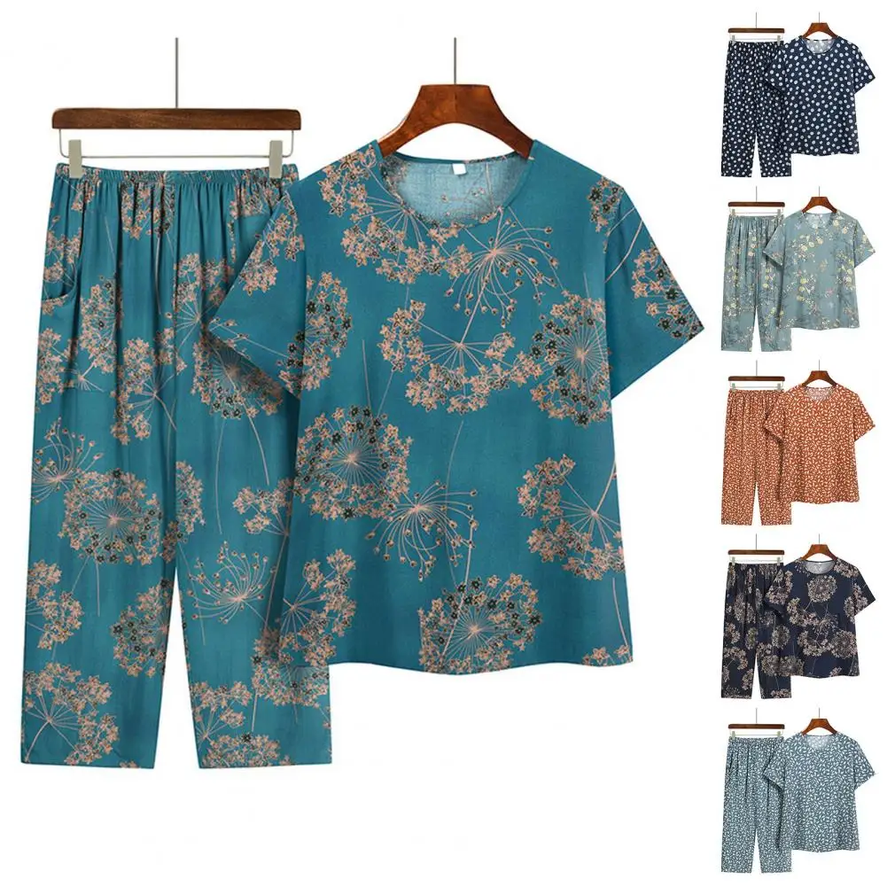 Ladies Pajamas Suit Floral Print Women\'s Pajamas Set with Wide Leg Trousers T-shirt Mid-aged Grandmother Homewear for Comfort