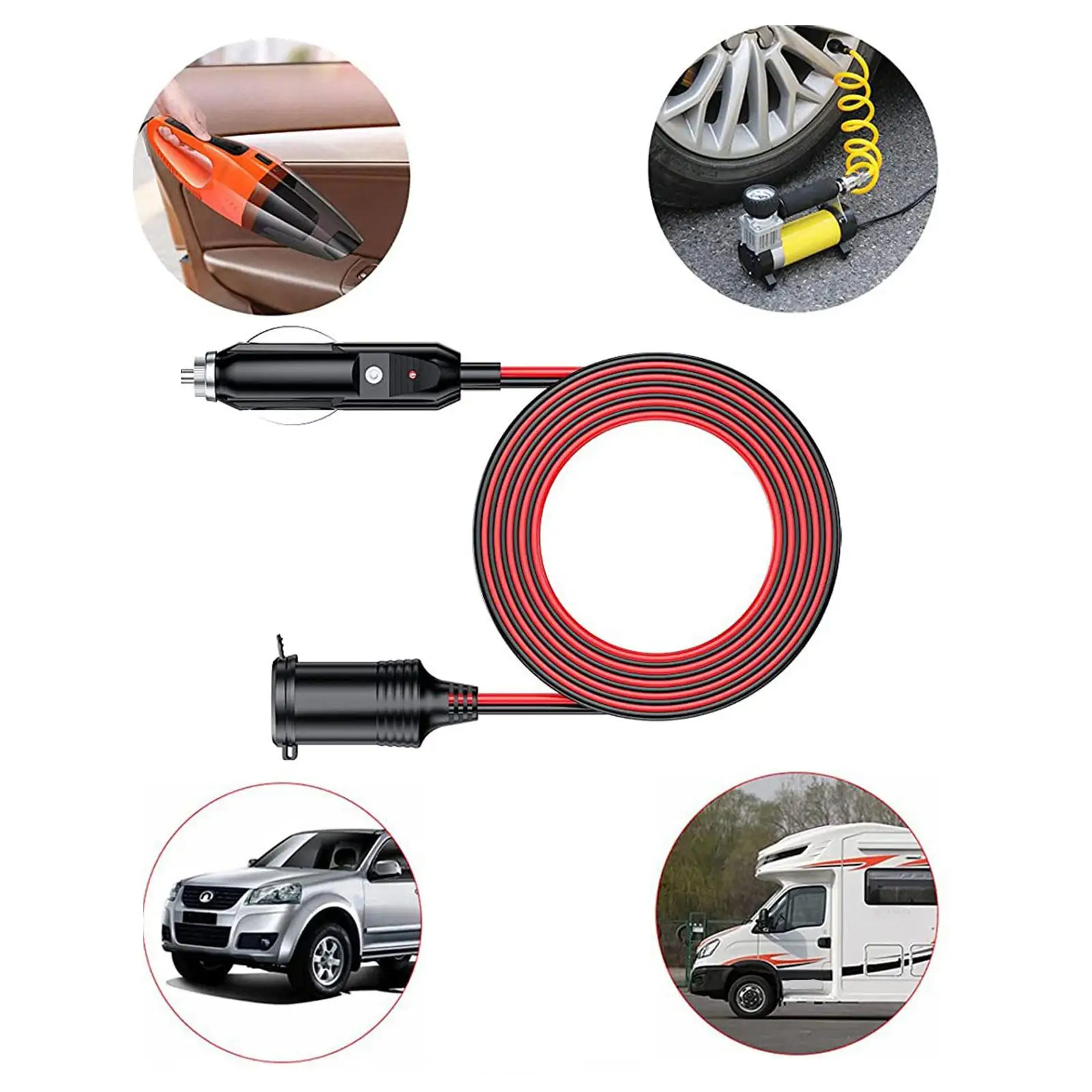 Car Cigarette Lighter Extension Cord for Tyre inflators Cooler Fridge