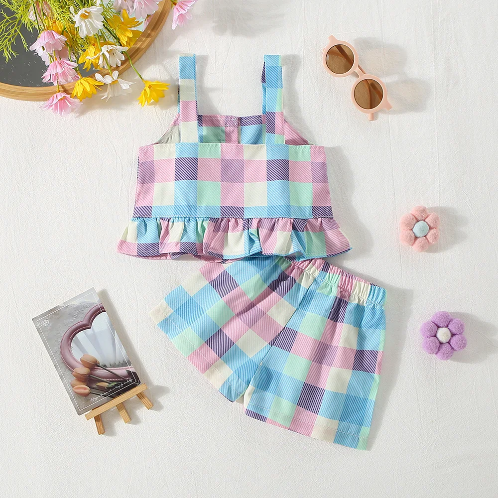 Summer New Girls\' Two-piece Birthday Party Girls\' Suit Lace Pleated Plaid Pattern Buttons + Shorts Casual Holiday Style