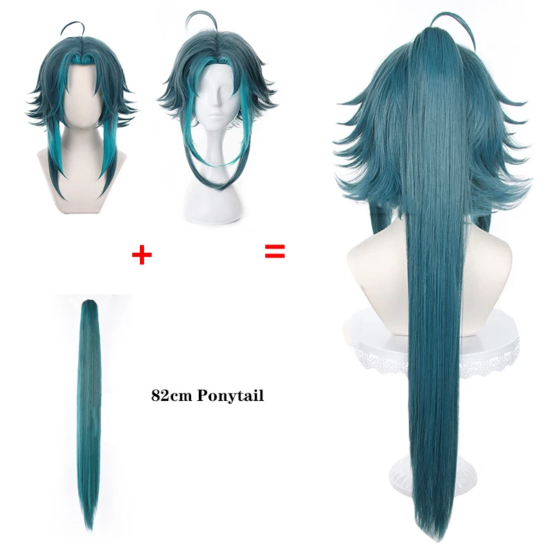 Xiao-Peluca de Cosplay Genshin Impact para adultos, coleta larga de 82cm, pelo verde oscuro resistente al calor, juego de rol para Halloween, pelucas cortas