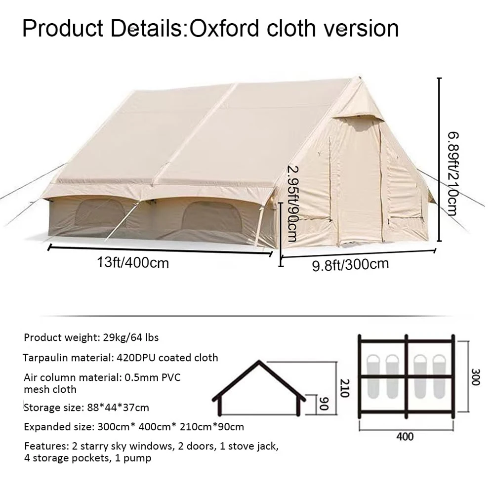 Inflatable Camping Tent 2-4 Person 4-Season Waterproof Oxford Fabric with Pump Stove Jack Camping