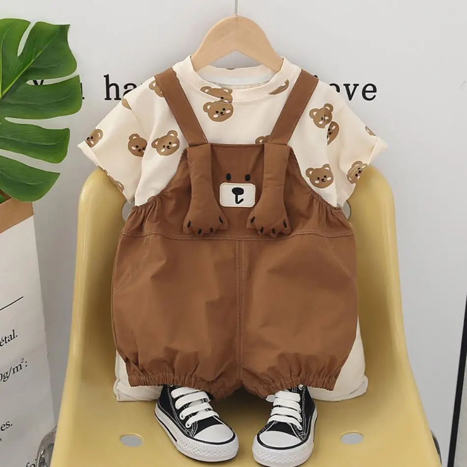 

Infant Summer Outfits Designer Fashion Boys Girl Cartoon Cotton T-shirts Tees And Cute Overalls Two Piece Sets Kids Baby Clothes