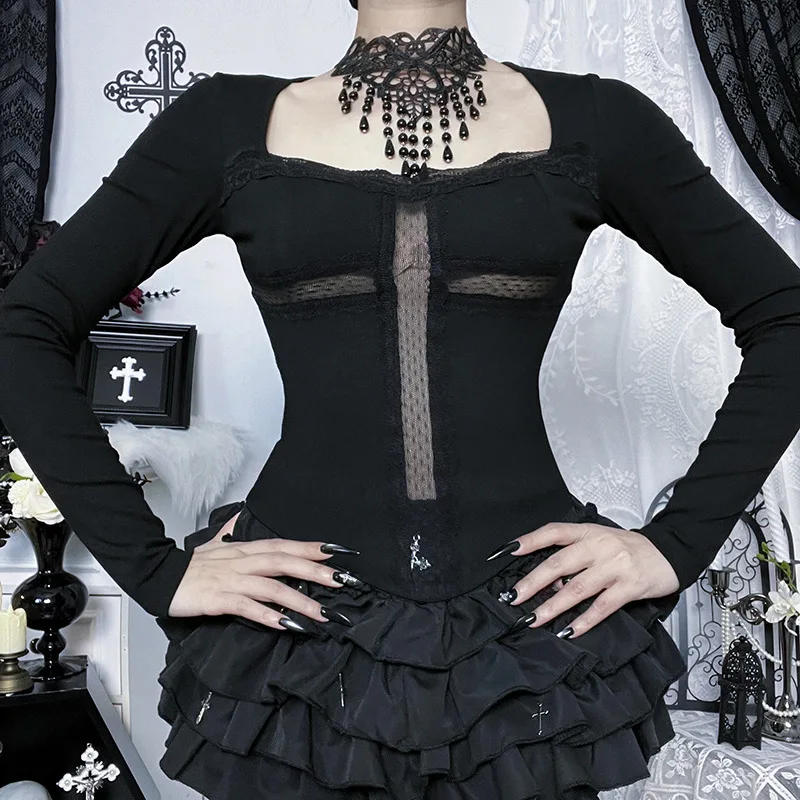 القوطي الظلام فستان من الدانتيل تقليم الصليب كم طويل تي شيرت مول القوطي سليم القمم للنساء Y2K 90s عادية تيز الصلبة الشارع الشهير #3