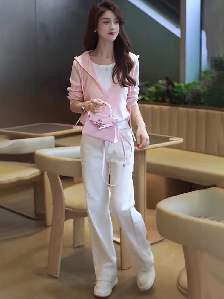 

Spring Faionable Women's High Waist Denim Pants Hooded Top Two-Piece Set Korean Sle Clete Outfit Long Sve Casual Wear