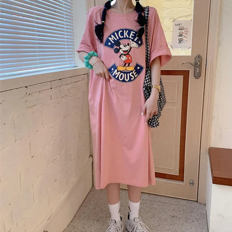 Brand Trend  Summer New Women Dress Mickey Mouse Cartoon Loose Short-sleeved Over-the-knee Long T-shirt Skirt Popular Korea