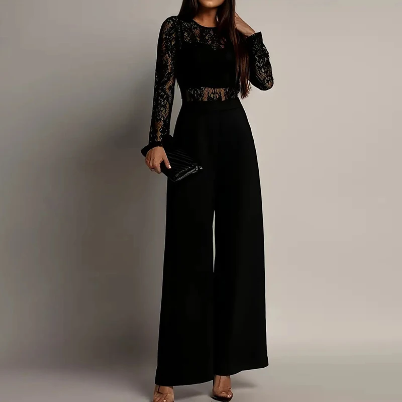 

Fashion O-neck Lace Embroidery Jumpsuits Spring Casual Long Sleeve Solid Long Romper Summer Elegant Hight Waist Slim Playsuits