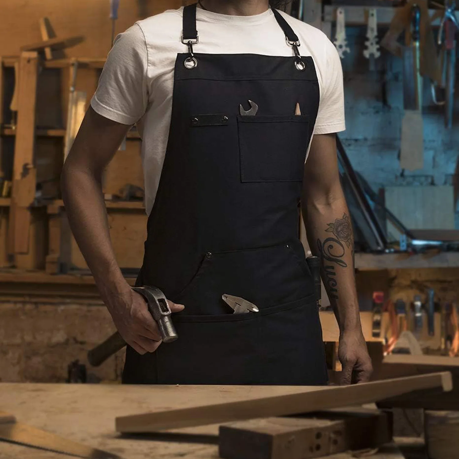 목공 상점 캔버스 주방 앞치마, 완전히 조절 가능, 편안함, 남성 사이즈 S ~ XXL 