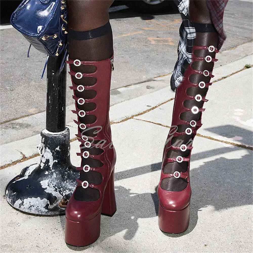 

Burgundy Rhinestone Buckle Strap Chunky Heel Knee High Boot Women Leather Platform Cutout Side Zipper Festival Gathering Shoes