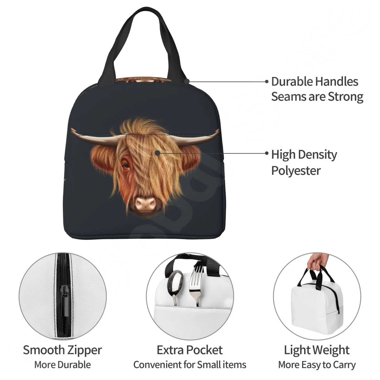 Scottish Hairy Highland Cow Thermal Lunch Bag for Women Men Reusable Insulated Bento Tote Bags for School Work Picnic Food Bag