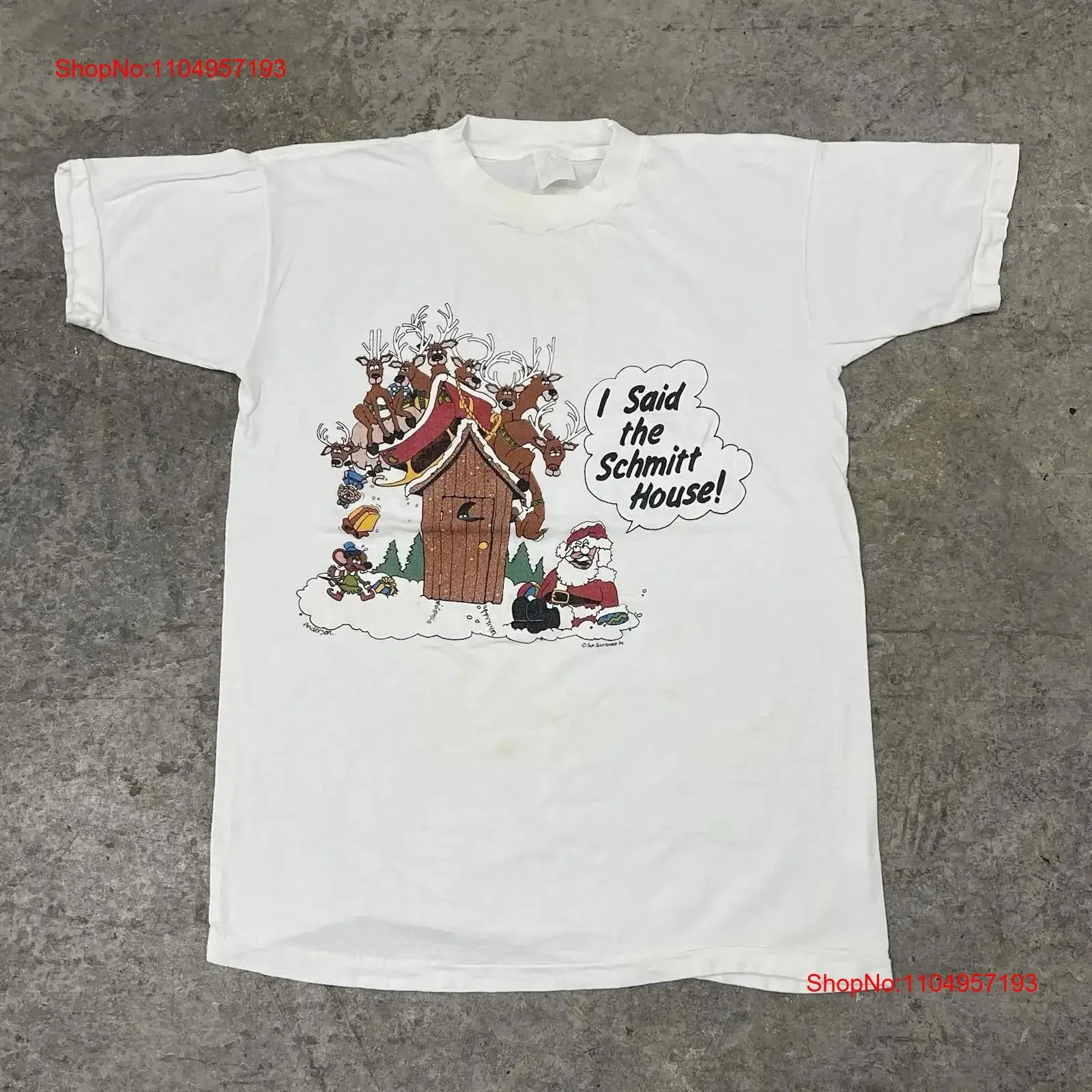 Vintage 90s divertido Santa parodia camiseta trineo Crash escritura de dibujos animados adulto pequeño vintage lavado suave estirado Unisex