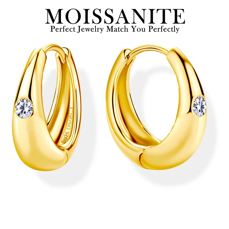 

0.6CTW Moissanite Hoops Earrings 925 Sterling Silver Gold Plated Sleek Design Single Round Cut Stone Modern Jewelry for Women