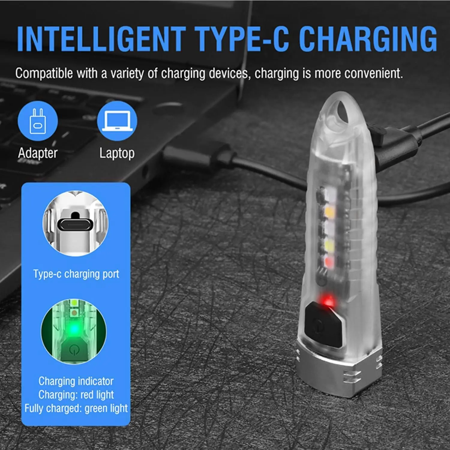 Fluorescent Mini Keychain Light with Side Light Type-C USB Rechargeable 12 Modes Flashlight White/Red/Yellow/UV Light Torch