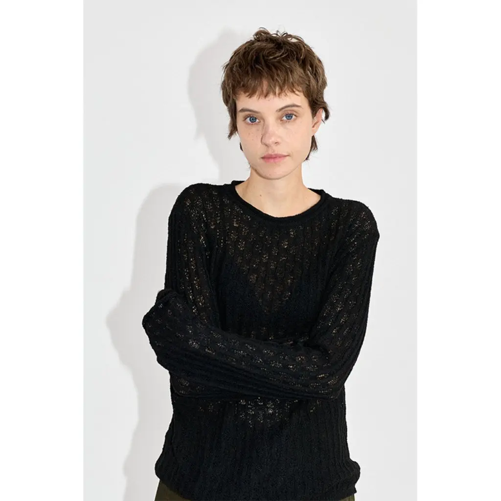 

Nantao Women's Retro Breathable Hollow-Out Knit Sweater round Neck Long-Sleeve Top Early Autumn Lazy Style Loose Fit Slimming