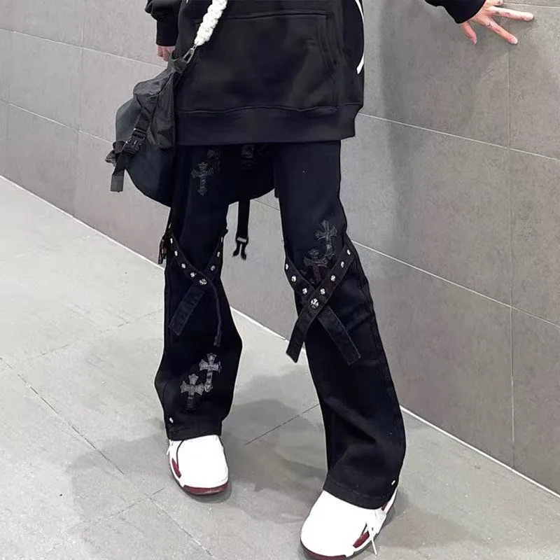 High Street Harajuku Hip Hop Dark Style Floor Mopping Pants Women Y2k High Waist Washed Streamers Ripped Oversized Jeans Men