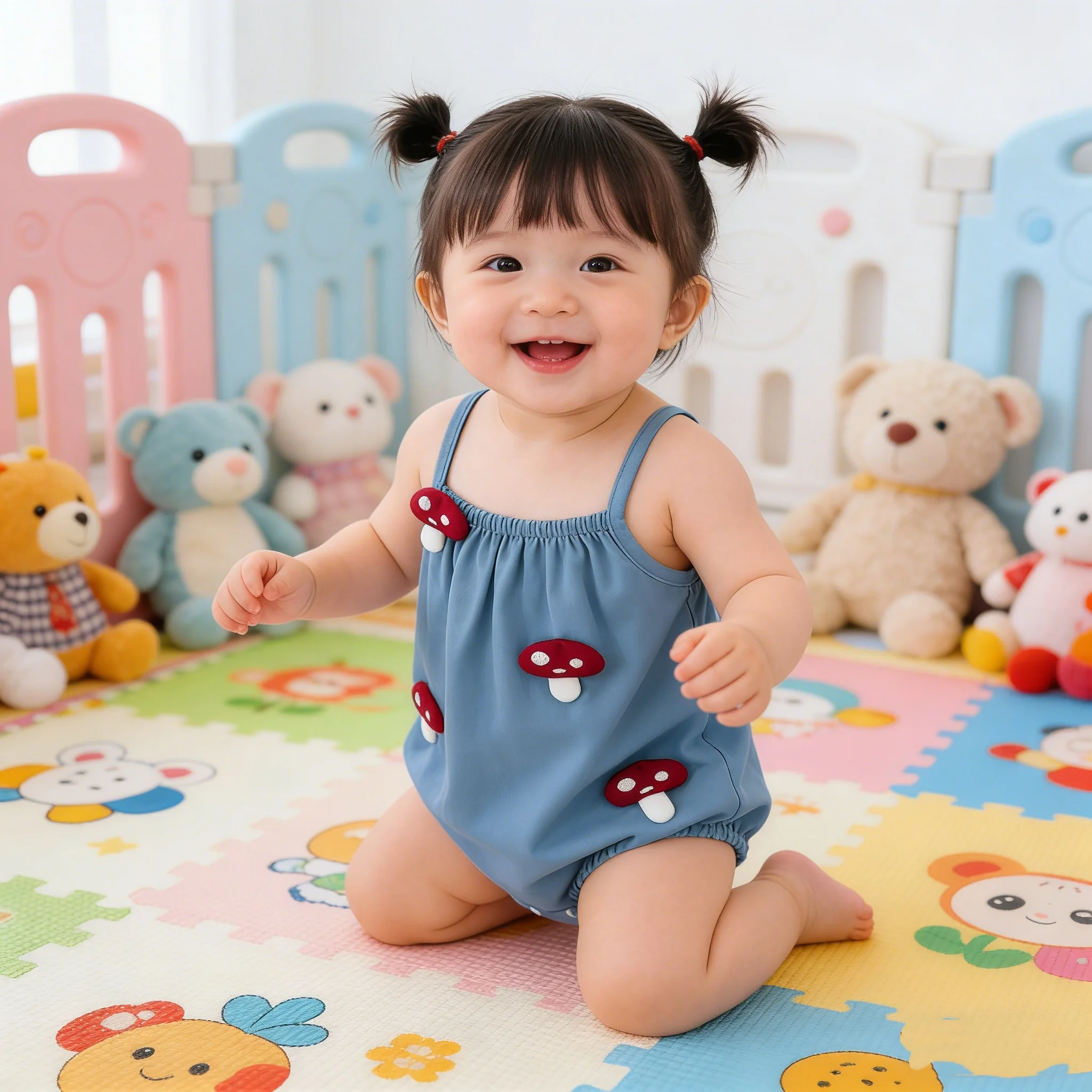 Niedlicher Baby-Sommer-Strampler mit Pilz-Dekoration, atmungsaktiv, hellblau, Gesamtkleidung für Babys, bezaubernder trägerloser Strampler