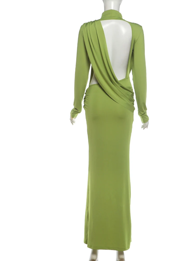 Weird Puss Ruches Elegantes Abendkleid für Damen mit Halbhoher Kragen, Rückenfrei, Langen Ärmeln, Party-Stil, Hoher Taille, Langes Bodycon-Kleid – Detail 5