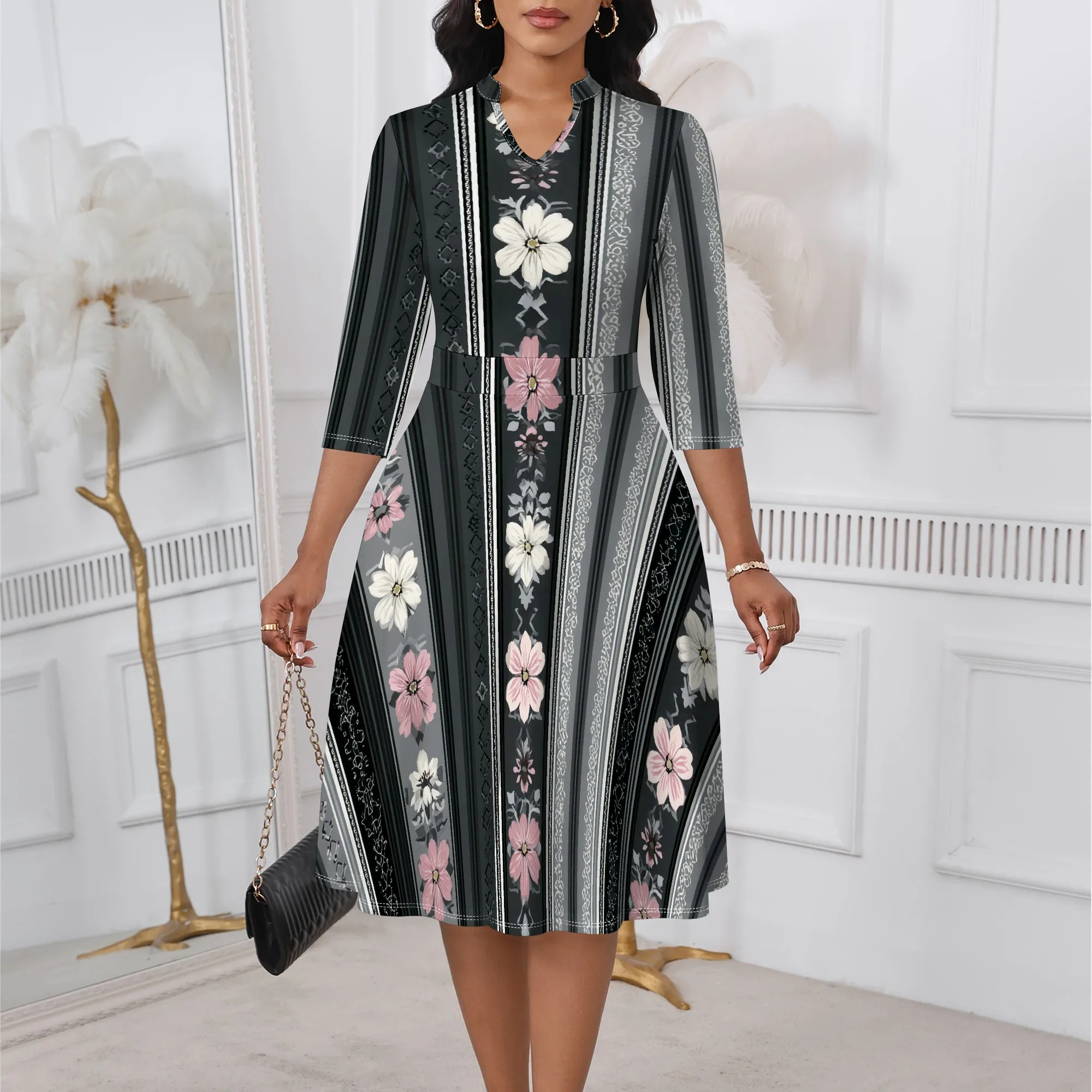 

Vintage Floral Stripe A-Line Dress XS-3XL 3/4 Sleeve Style for Church Service, Mother's Day Brunch or Elegant Fall Look