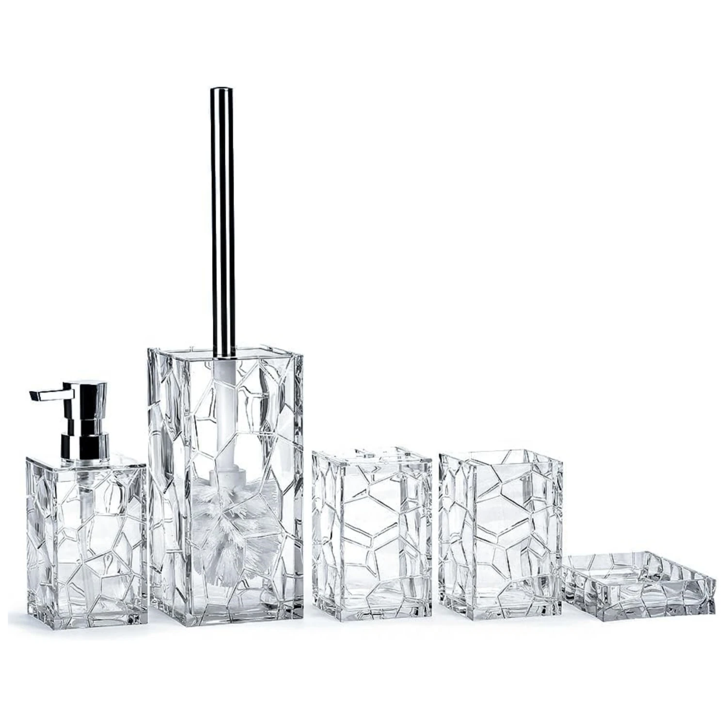 

White 5 Pieces Acrylic Bathroom Accessory Set, with Lotion Dispenser, Soap Dish, Tumbler, Toothbrush Holder, Toilet Brush Set