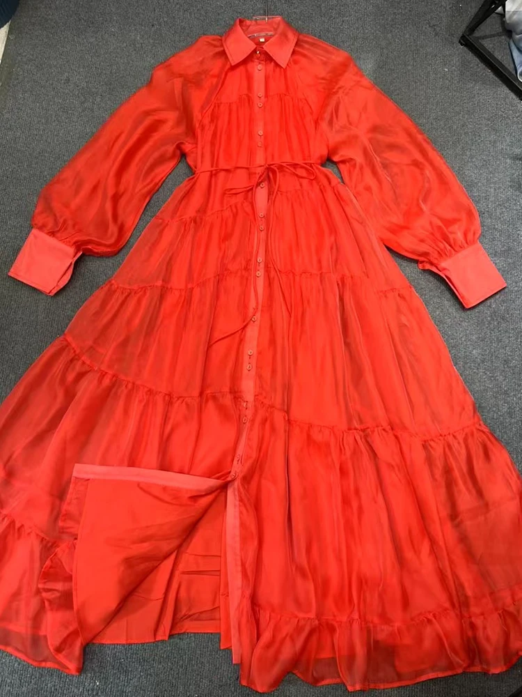 Vestido con cordones de un solo pecho con solapa, vestido camisero de primavera 2025, vestido hinchado suelto plisado multicapa a la moda
