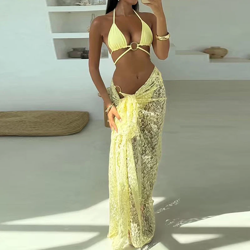 

Summer New Halter Bra&Half Skirts Lace Up Outfits Sexy Lace Halter Bikini Outfits Fashion Solid Color Slim Beach Women's Sets