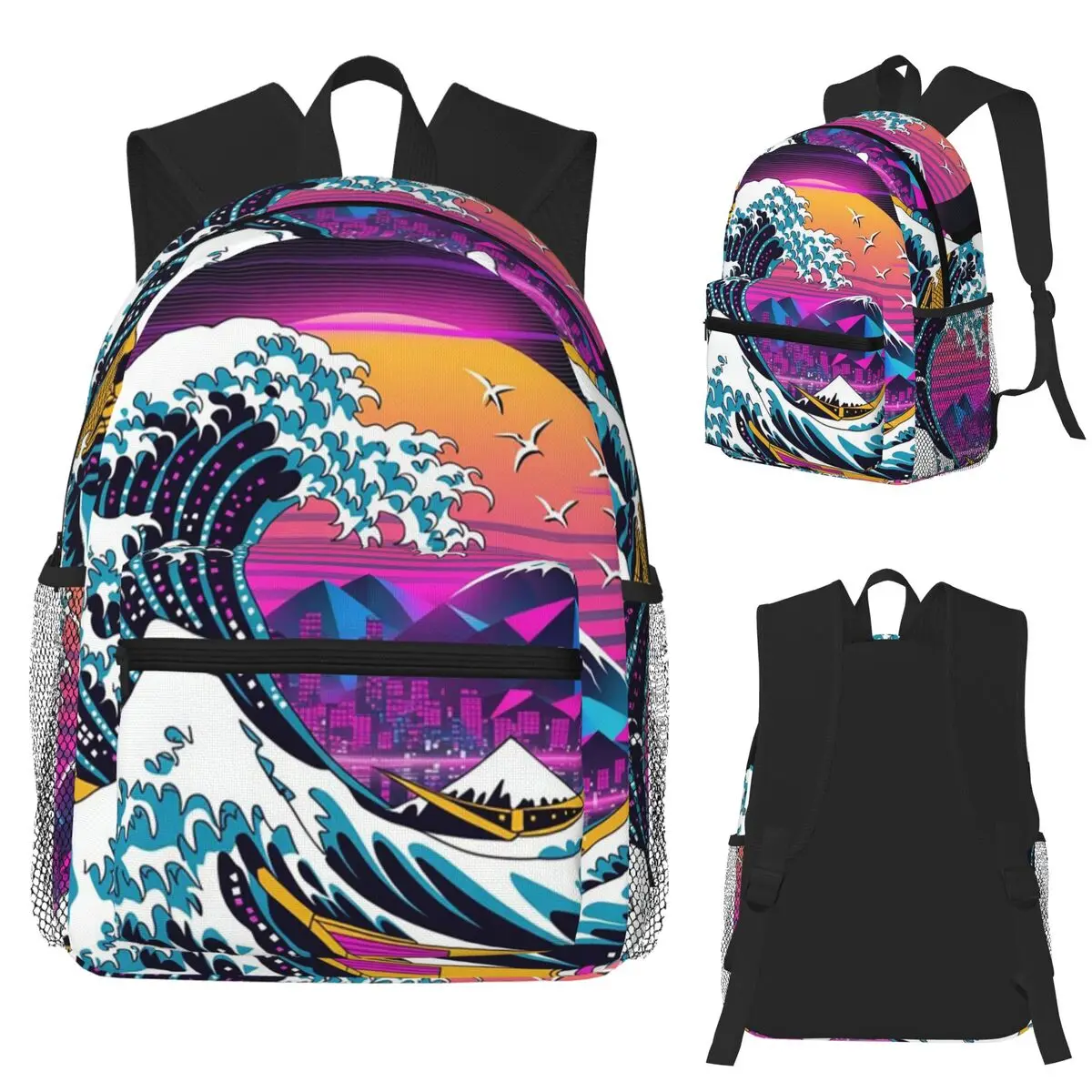

Neon Wave Hokusai Remix Vaporwave Japanese Sunset Aesthetic Backpack School Bag Hiking Travel Daypack Bookbag Shoulder Bags