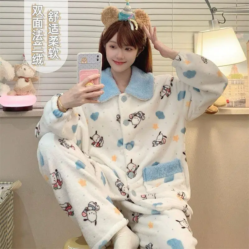 

Комплект пижамы Sanrio Pochacco из фланели и кораллового флиса для женщин, осенне-зимний, милый, утолщенный, теплый, для дома и общежития