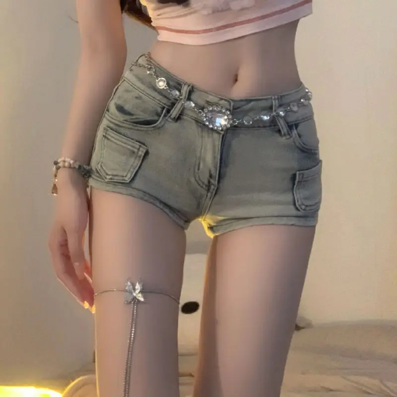 American Hot Girl Retro Shorts jeans de cintura baixa para mulheres calças justas de pernas largas