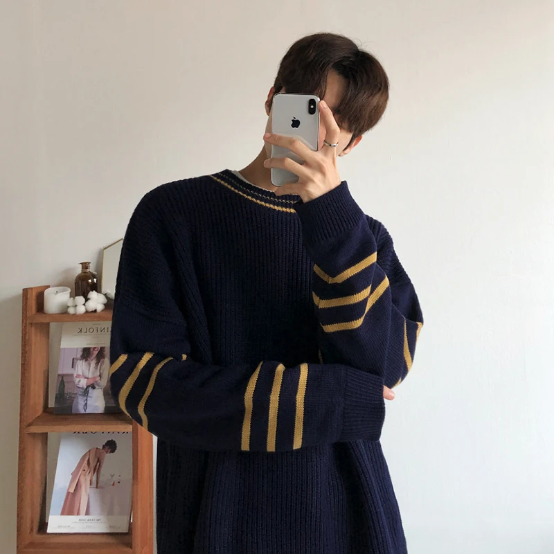 

Men's Wear Stripe Sweater Autumn Winter New Korean Style Loose Pullover Knitted Tide Tops All-mtch Vintage Sweaters E62