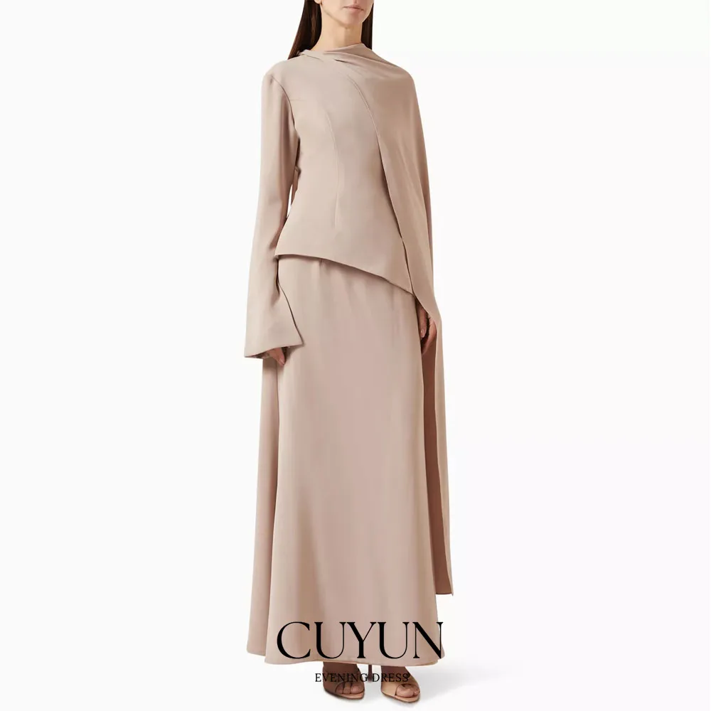 Cuyun personalizado cáqui modesto tornozelo comprimento vestido de baile mangas compridas elegante saudita feminino vestido de festa de casamento convidado wear